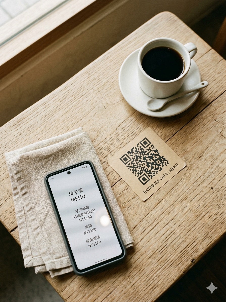 Small coffee shop table with QR sticker and phone showing menu