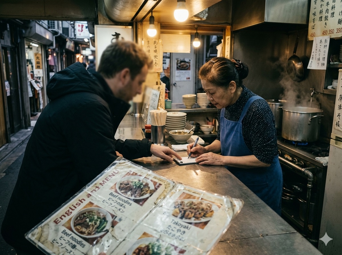 Small restaurant interior showing owner and tourist over picture menu